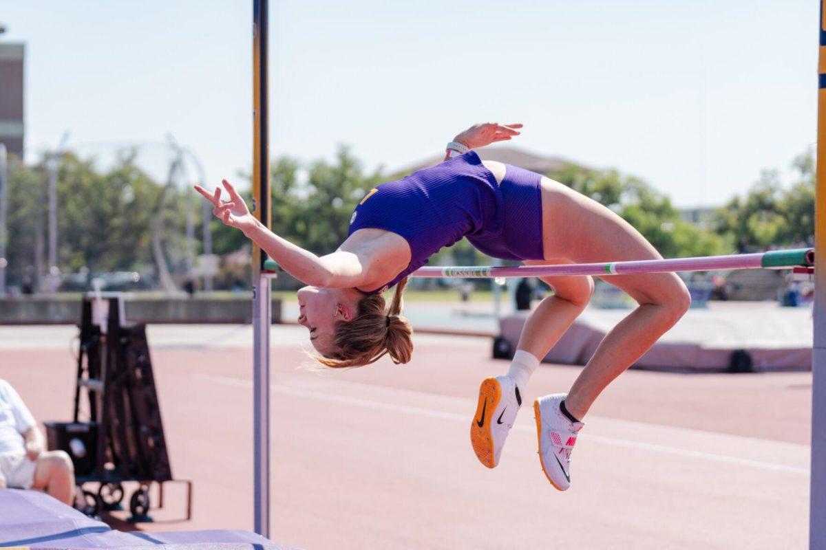 LSU track and field jumps senior Emma Engelhardt flexes over the bar Saturday, March 23, 2024, during the Keyth Talley Invitational at the Bernie Moore Track Stadium in Baton Rouge, La.