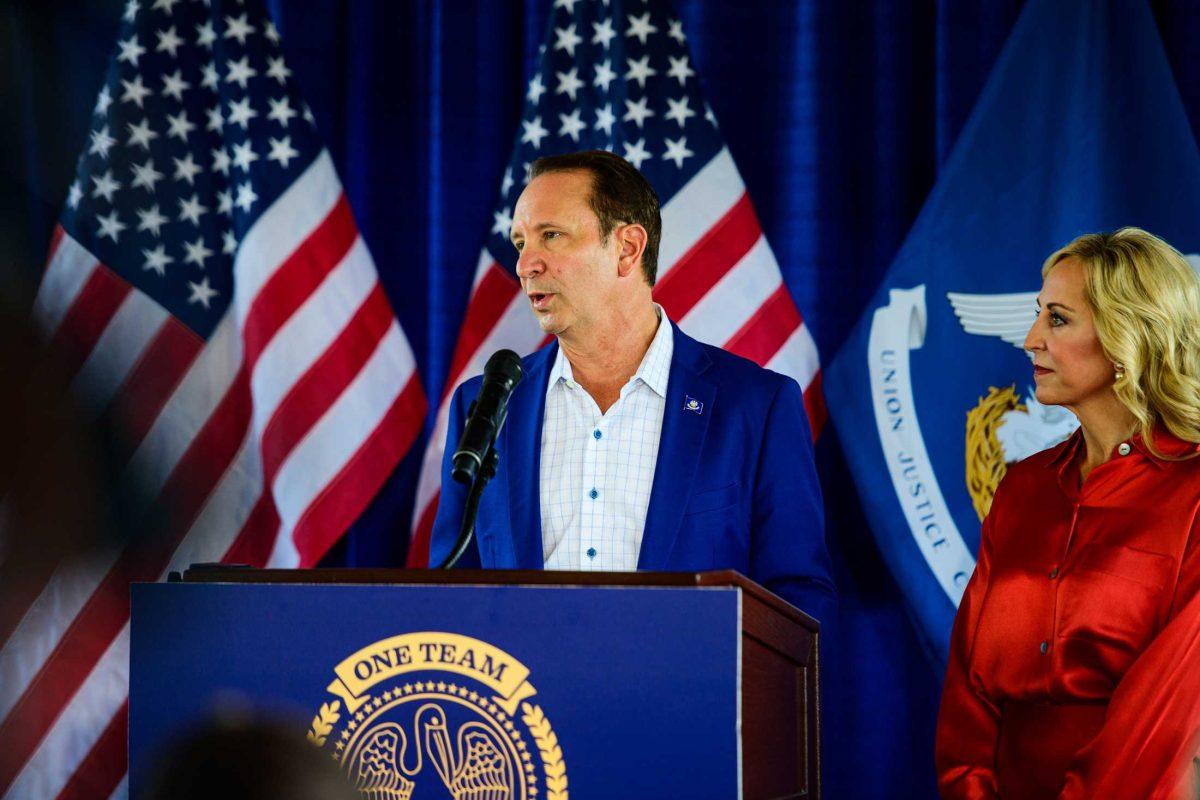 Louisiana Gov.-elect Jeff Landry addresses the room on Wednesday, Oct. 25, 2023, during a press conference in Lafayette, La.