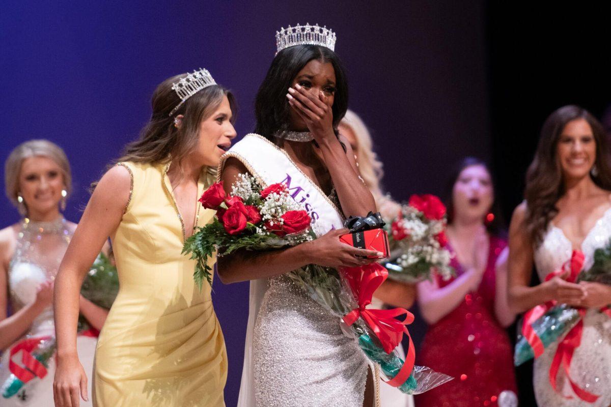 LSU kinesiology sophomore Nikhia Sims wears the Miss LSU 2024 crown Sunday, March 24, 2024, during Delta Zeta's Miss LSU 2024 Pageant in the Union Theater in Baton Rouge, La.