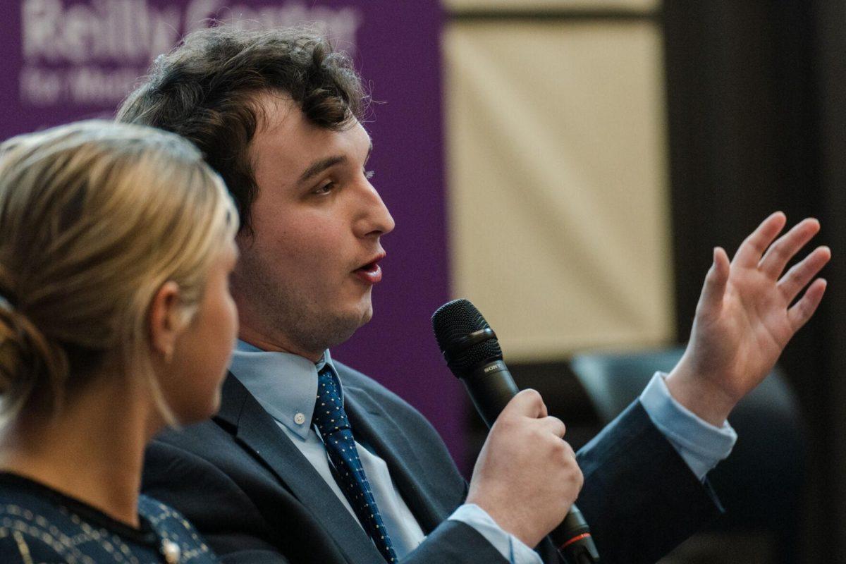 Joseph Liberto answers a question as Amelia Carman listens Monday, March 18, 2024, inside the Holliday Forum at LSU in Baton Rouge, La.