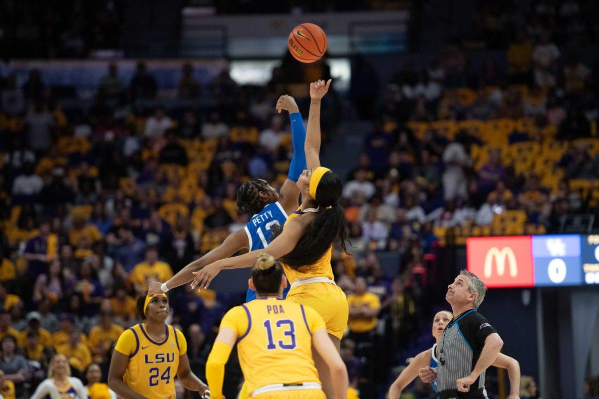 LSU women&#8217;s basketball junior forward Angel Reese (10) tips off Sunday, March 3, 2024, during LSU&#8217;s 77-56 win against Kentucky at the Pete Maravich Assembly Center in Baton Rouge, La.