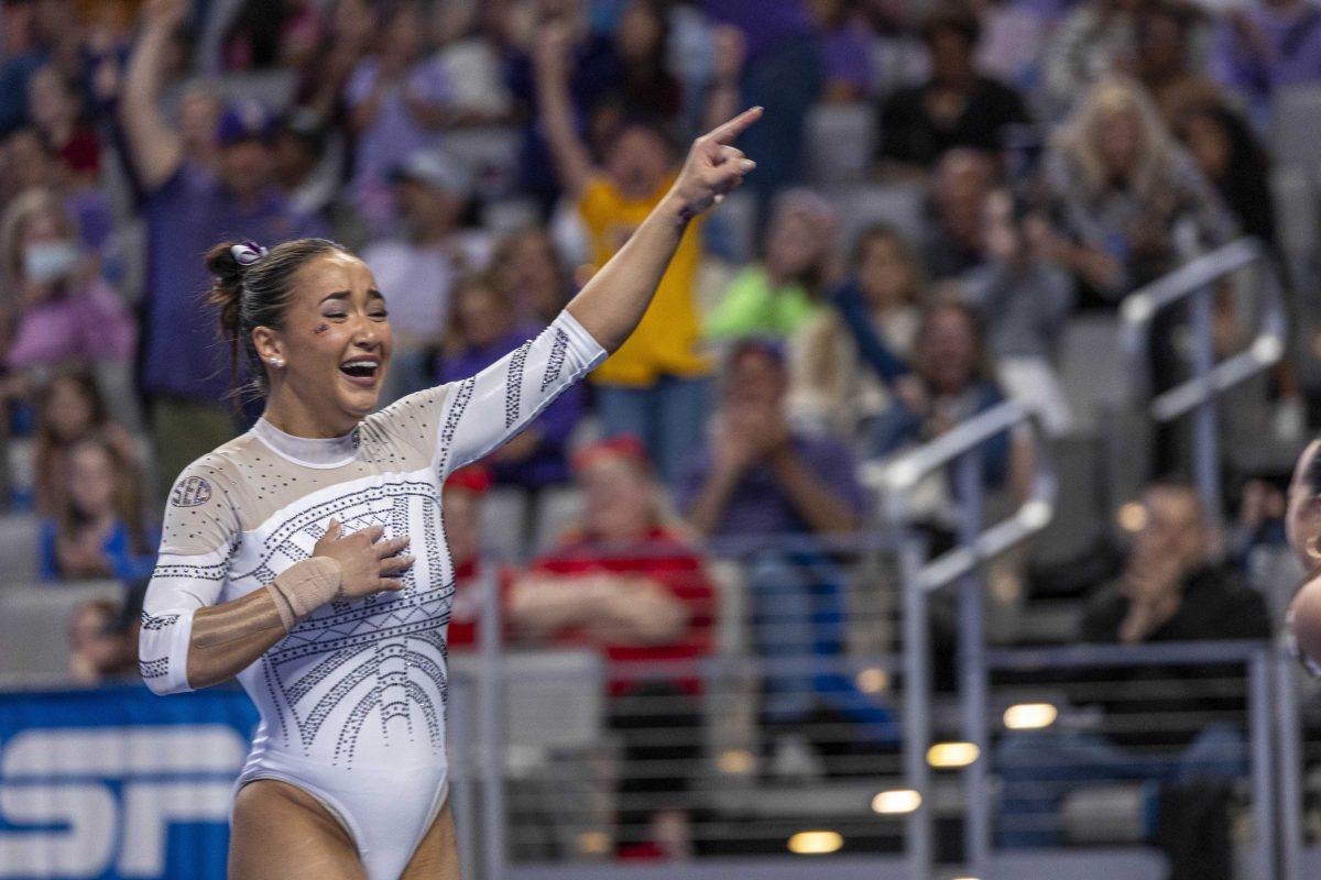 LSU gymnastics all-around junior Aleah Finnegan expresses her emotions after scoring LSU's winning points Saturday, April 20, 2024, during the NCAA Gymnastics Championship in the Dickies Arena in Fort Worth, Tx.