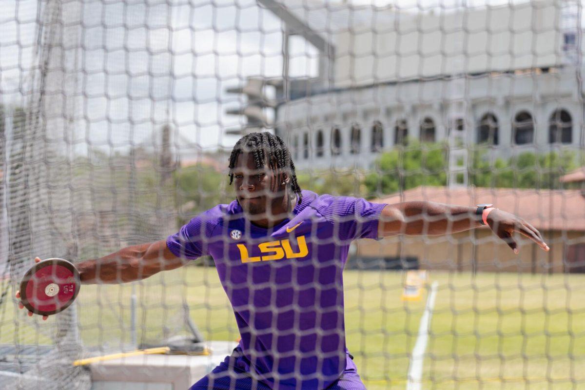 LSU track and field sophomore thrower Jaden James competes in discus Saturday, April 27, 2024, at the LSU Invitational in the Bernie Moore Track Stadium in Baton Rouge, La.