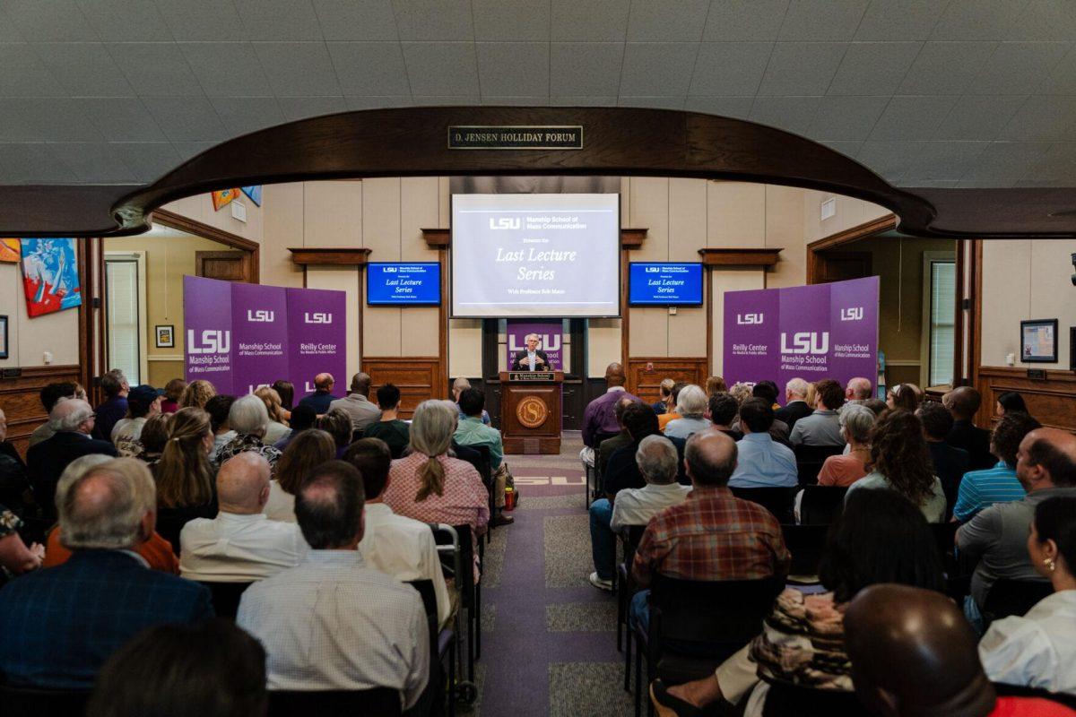 Professor Bob Mann speaks to the crowd Wednesday, April 17, 2024, at the Last Lecture Series in the Holliday Forum at LSU in Baton Rouge, La.