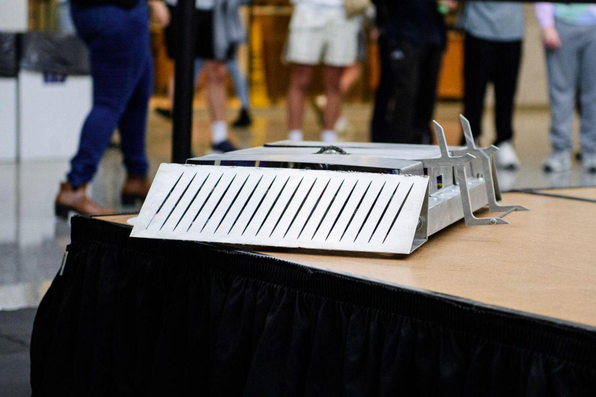 The silver robot sits victorious on Tuesday, April 16, 2024,&#160;at the Bengal Bot Brawl in Patrick F. Taylor Hall in Baton Rouge, La.