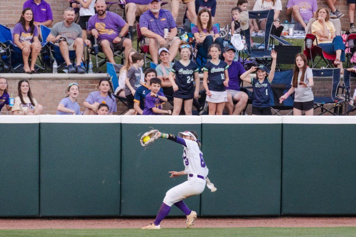 LSU softball graduate student outfielder Ciara Briggs (88) catches a fly ball Friday, April 26, 2024, during LSU's 2-1 loss against Arkansas at Tiger Park in Baton Rouge, La.