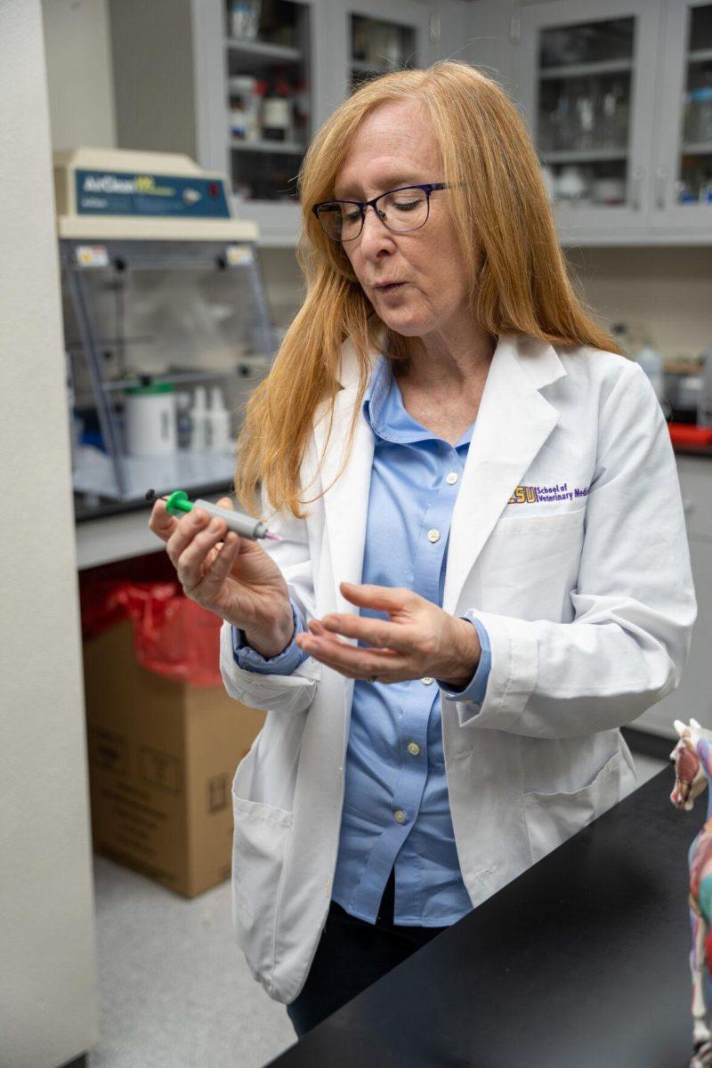 LSU veterinary doctor Mandi Lopez explains her new patented syringe Wednesday, April 17, 2024, at the LSU School of Veterinary Medicine on Skip Bertman Drive in Baton Rouge, La.