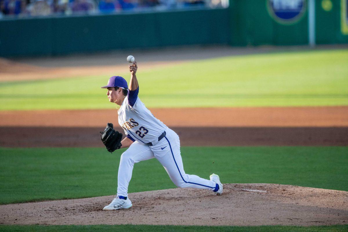 LSU baseball redshirt sophomore left-handed pitcher Gage Jump (23) throws the pitch during LSU's 6-4 loss against Florida on Saturday, March 23, 2024, at Alex Box Stadium in Baton Rouge, La.