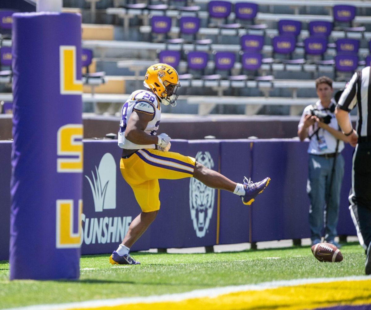 LSU football sophomore running back Kaleb Jackson (28) celebrates a touchdown during the LSU Spring Football game on Saturday, April 13, 2024, in Tiger Stadium.