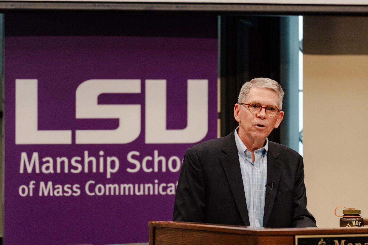 Professor Bob Mann speaks to the crowd Wednesday, April 17, 2024, at the Last Lecture Series in the Holliday Forum at LSU in Baton Rouge, La.