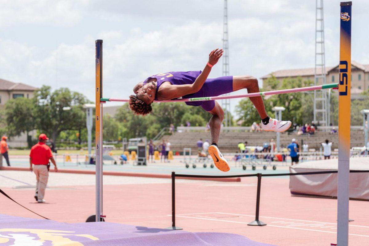 LSU track and field jumps senior Ronnie Rounds II leaps Saturday, April 27, 2024, at the LSU Invitational in the Bernie Moore Track Stadium in Baton Rouge, La.