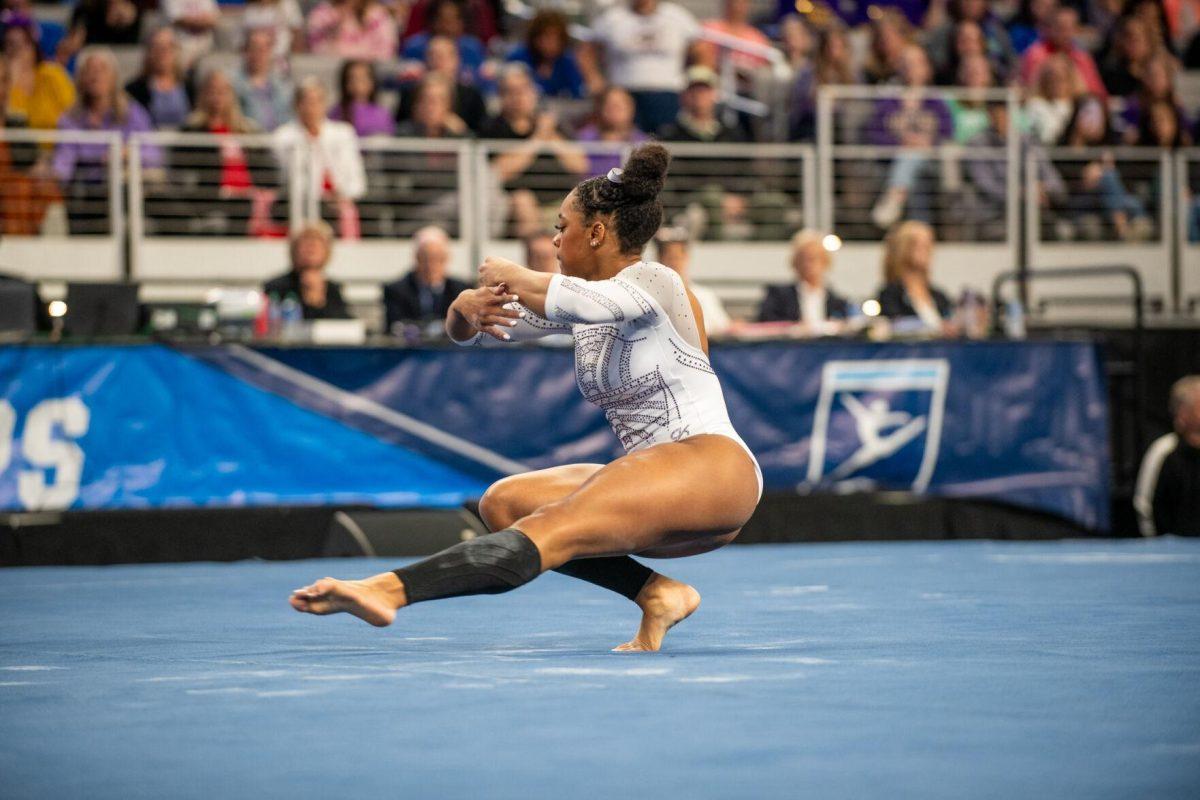 LSU gymnastics freshman all-around Amari Drayton spins around on one leg during her floor routine during the NCAA Gymnastics Championship on Saturday, April 20, 2024, in Fort Worth, Tx.