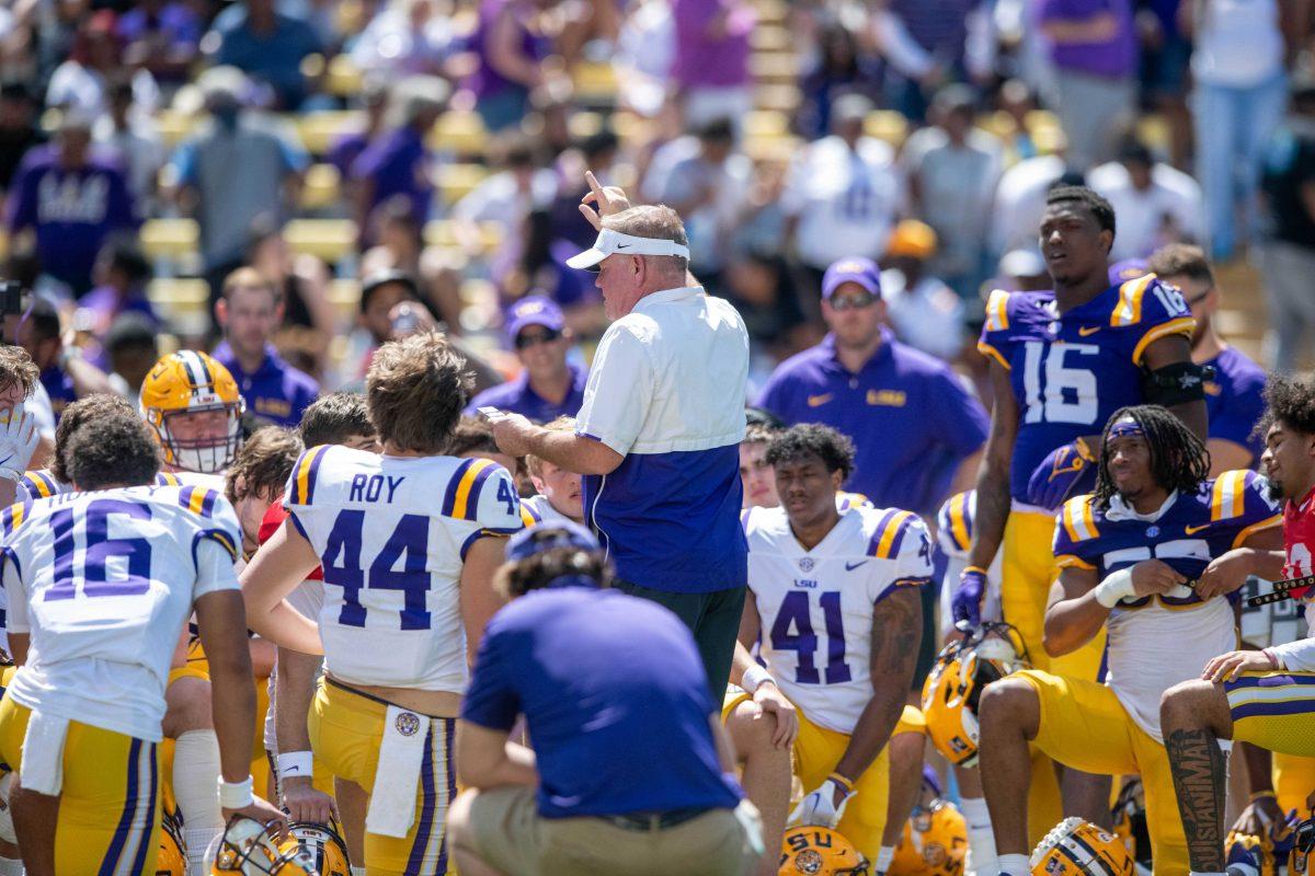 LSU head coach Brian Kelly talks to the team after the LSU Spring Football game on Saturday, April 13, 2024, in Tiger Stadium.