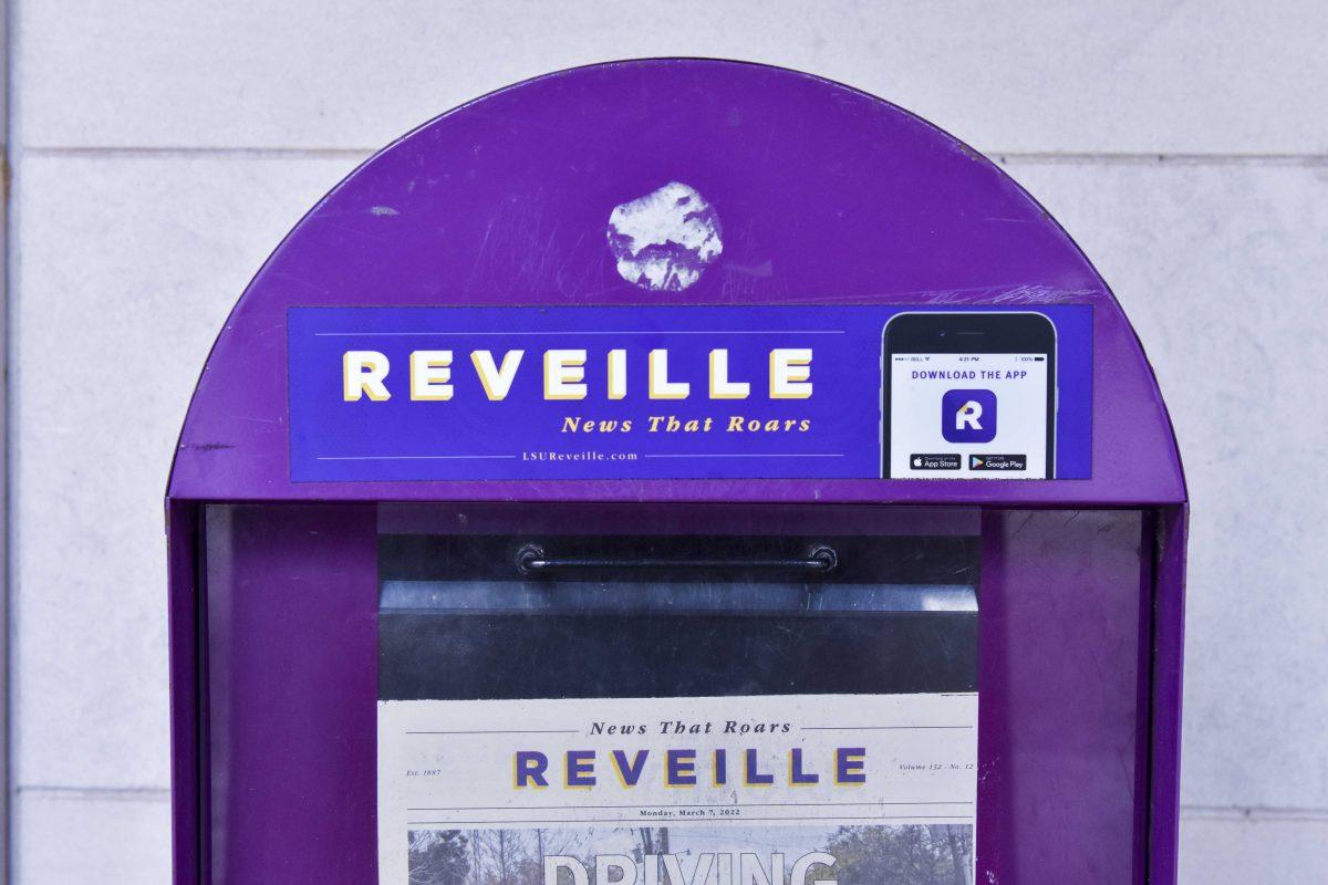 LSU Reveille newsstand sits Wednesday, March 9, 2022, in front of Hodges Hall on LSU&#8217;s campus in Baton Rouge, LA.