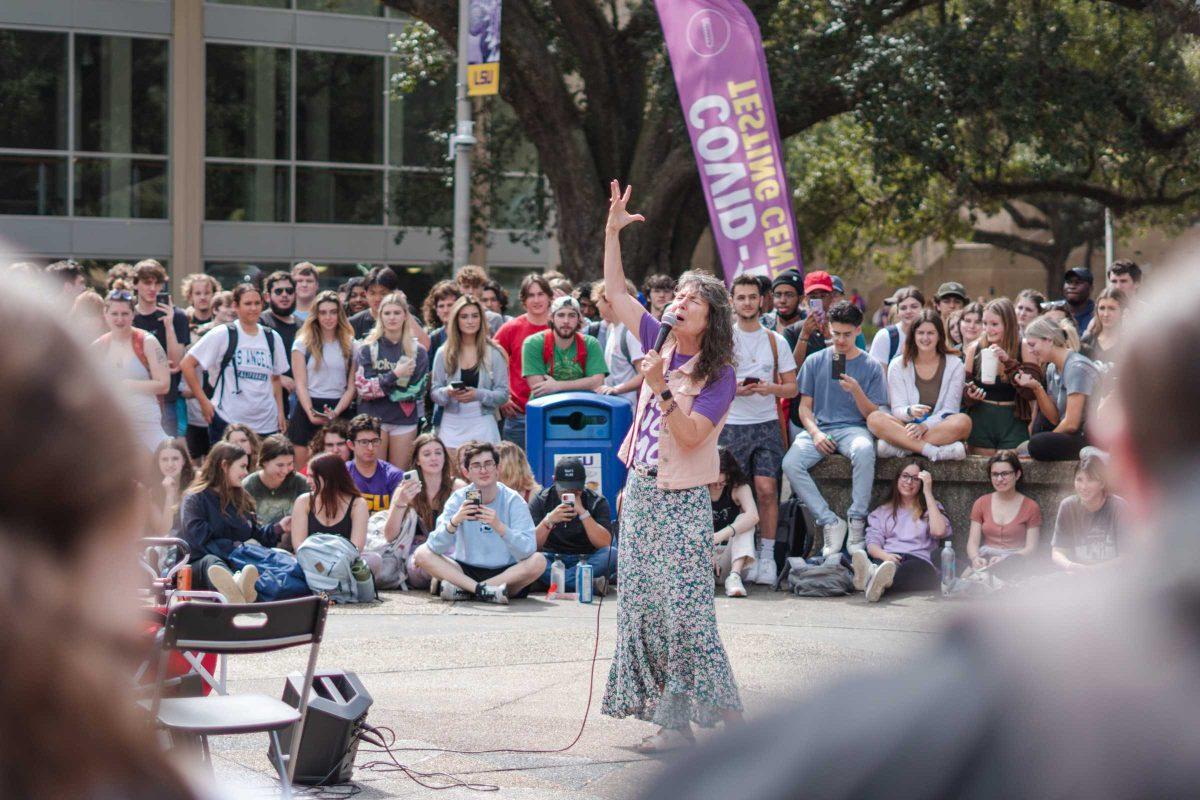 Sister Cindy raises an arm up emphatically on Monday, Feb. 21, 2022, in Free Speech Plaza on LSU&#8217;s Campus in Baton Rouge, La.