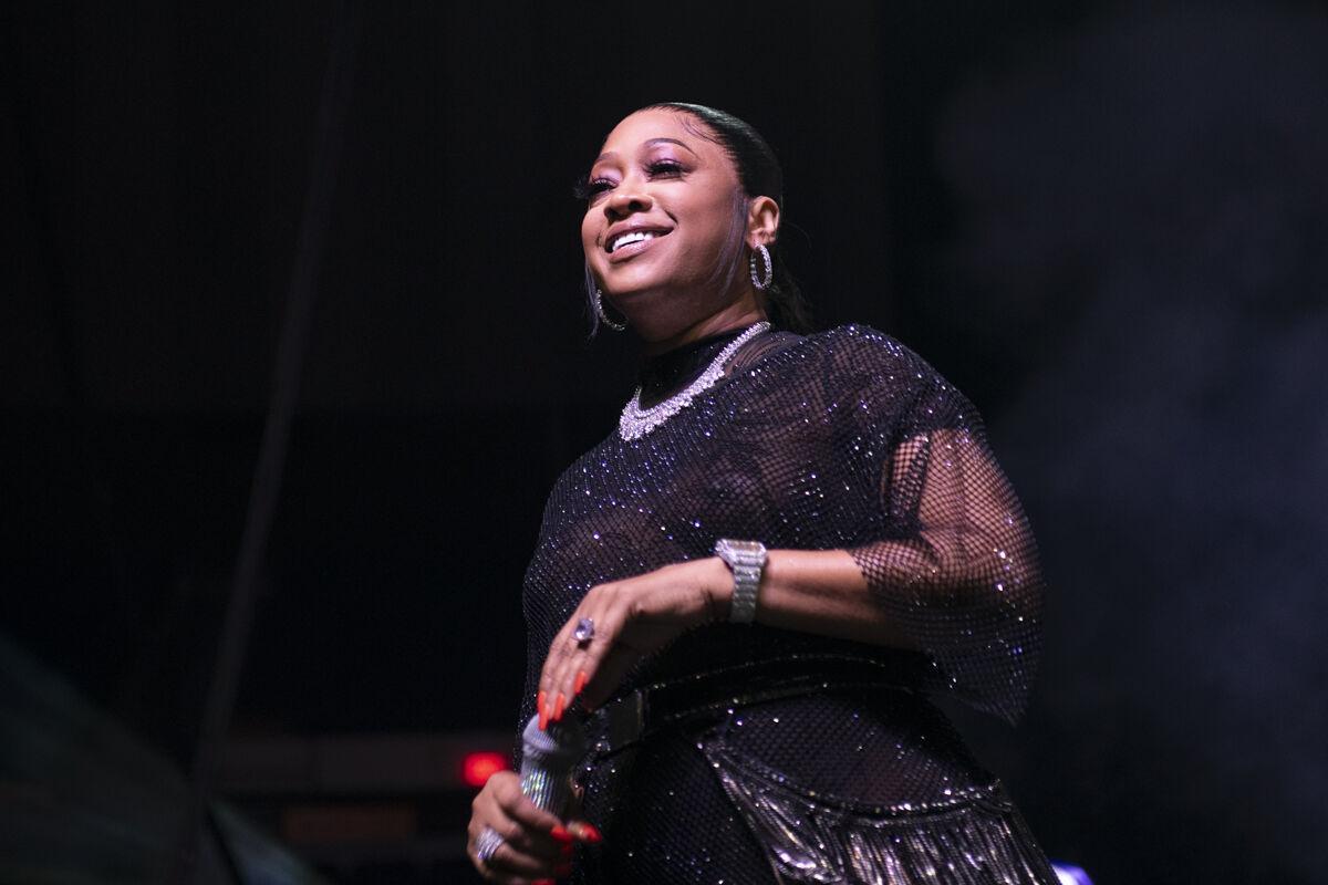 American rapper Katrina Laverne Taylor, professionally known as Trina, smiles Thursday, April 25, 2024, during LSU Student Government&#8217;s annual Groovin&#8217; concert at the Pete Maravich Assembly Center in Baton Rouge, La.