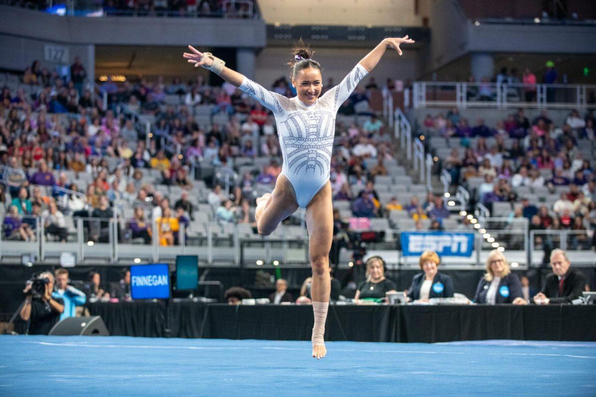 LSU gymnastics all-around Aleah Finnegan leaps during her routine during the NCAA Gymnastics Championship on Saturday, April 20, 2024, in Fort Worth, Tx.