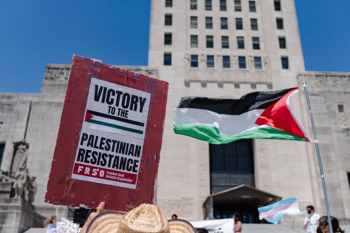 A sign reads "Vicotory to the Palestinian Resistance" Monday, April 22, 2024, at the Louisiana State Capitol in Baton Rouge, La.