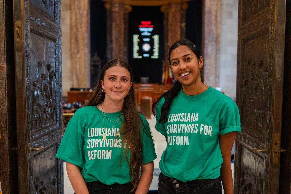 <p>STAR Advocacy Coordinator Kennedy Dozier (left) and Resource Advocate Maya Jammulapati (right) stand for a picture outside the Senate Chamber Thursday, April 25, 2024, at the Louisiana State Capitol in Baton Rouge, La.</p>