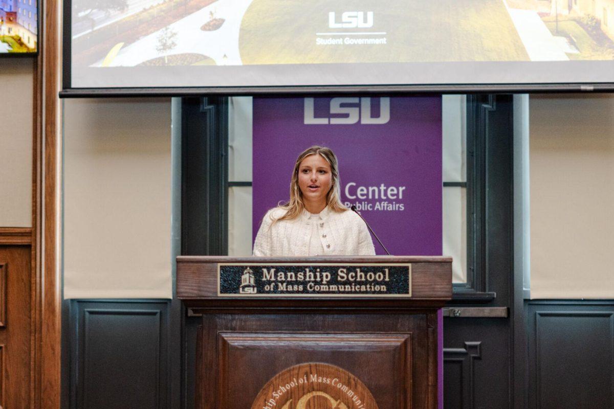 Amelia Carman speaks after swearing in Wednesday, April 17, 2024, at the Inauguration in the Holliday Forum on LSU's campus in Baton Rouge, La.