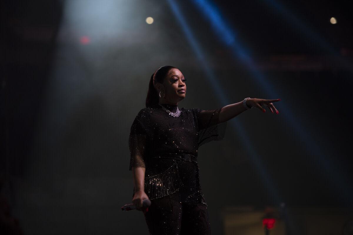 Trina points to the crowd Thursday, April 25, 2024, during LSU Student Government&#8217;s annual Groovin&#8217; concert at the Pete Maravich Assembly Center in Baton Rouge, La.