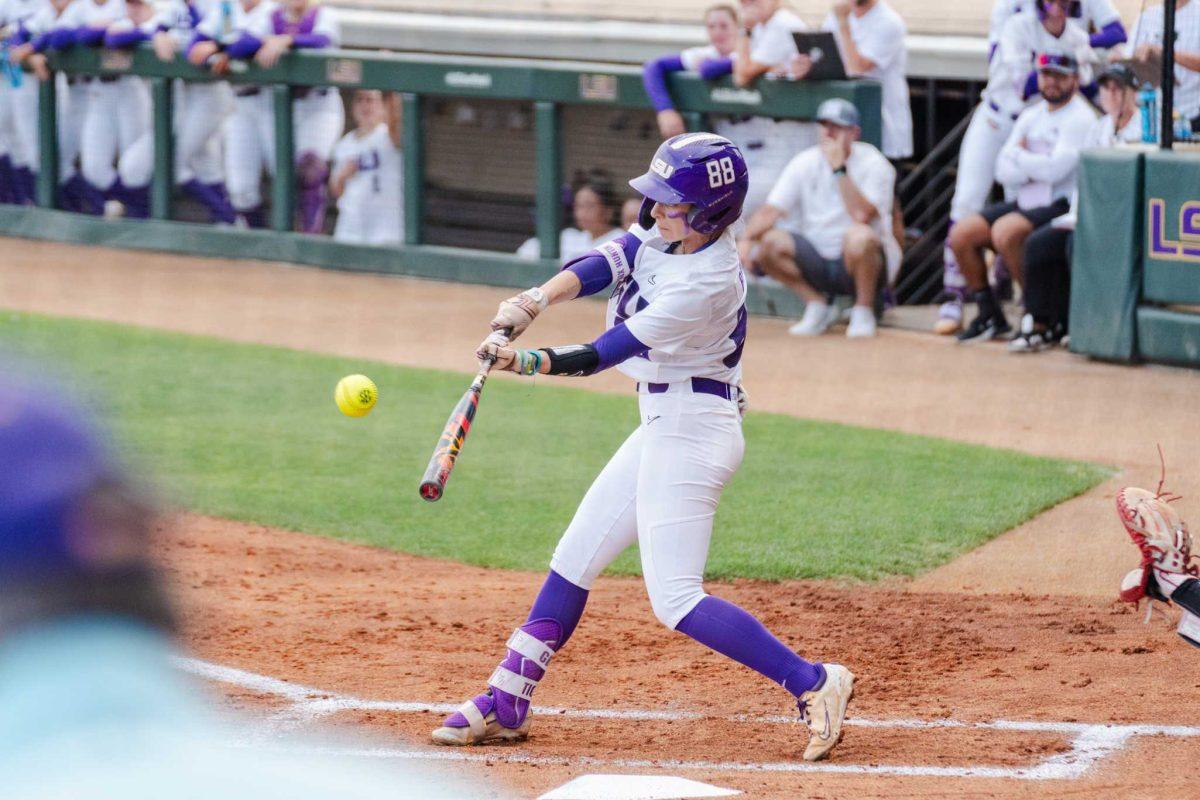 LSU softball graduate student outfielder Ciara Briggs (88) swings for the ball Friday, April 26, 2024, during LSU's 2-1 loss against Arkansas at Tiger Park in Baton Rouge, La.