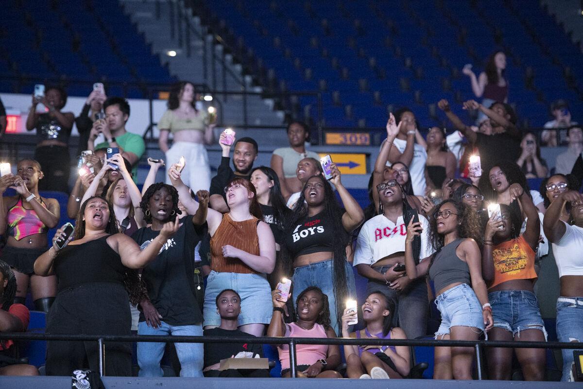 LSU students dance in the stands Thursday, April 25, 2024, during LSU Student Government&#8217;s annual Groovin&#8217; concert at the Pete Maravich Assembly Center in Baton Rouge, La.