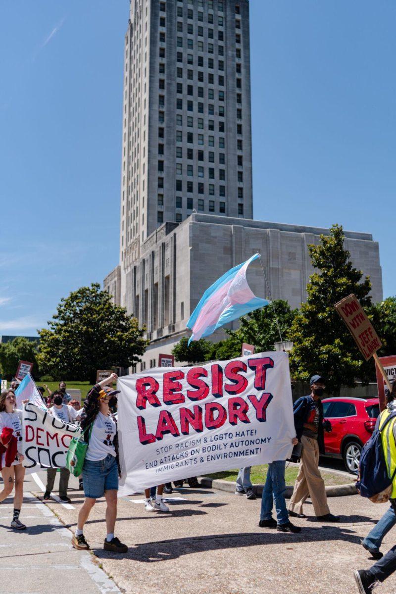 A banner reads "Resist Landry" Monday, April 22, 2024, at the Louisiana State Capitol in Baton Rouge, La.