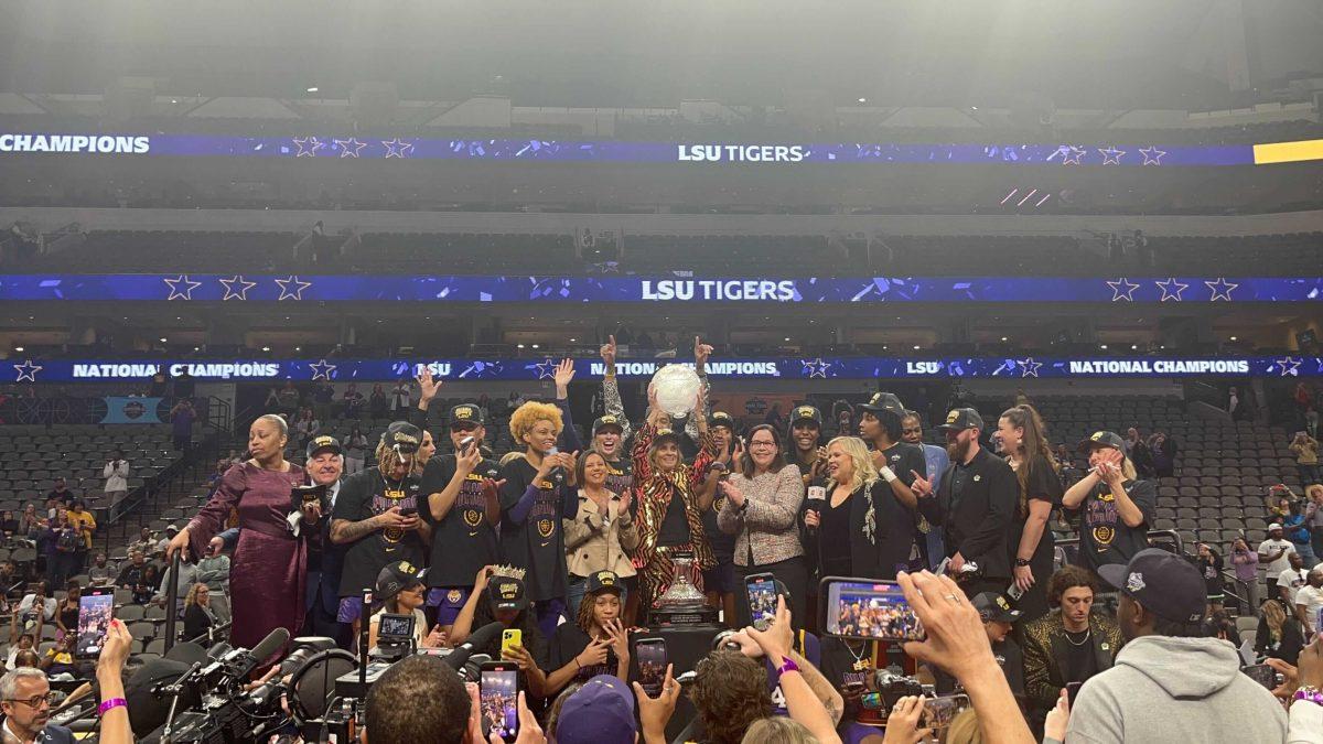 <p>The LSU women's basketball team celebrates a national championship win. Reveille sports reporter Tyler Harden captured this photo from the court.</p>