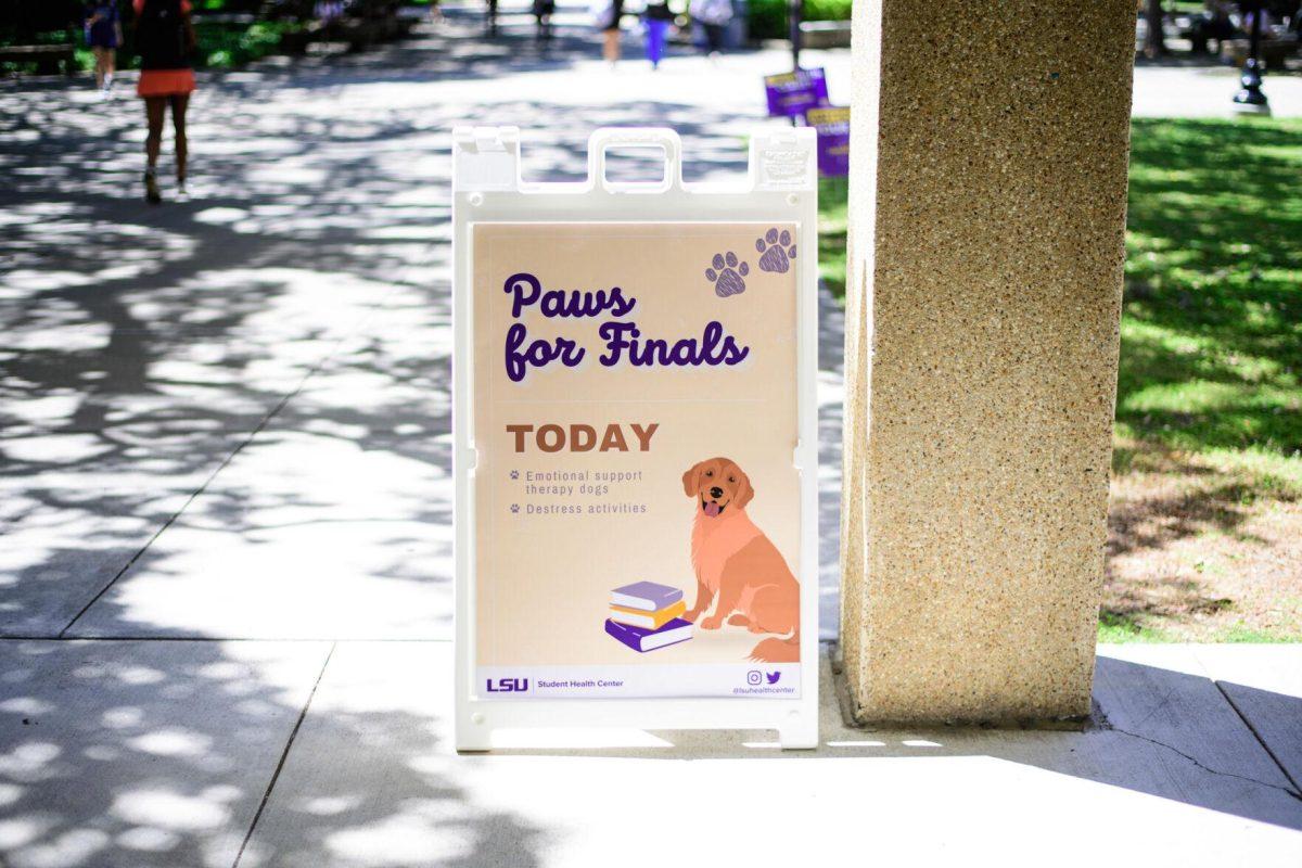 The Paws for Finals sign sits on Tuesday, April 30, 2024, outside the LSU Library in Baton Rouge, La.