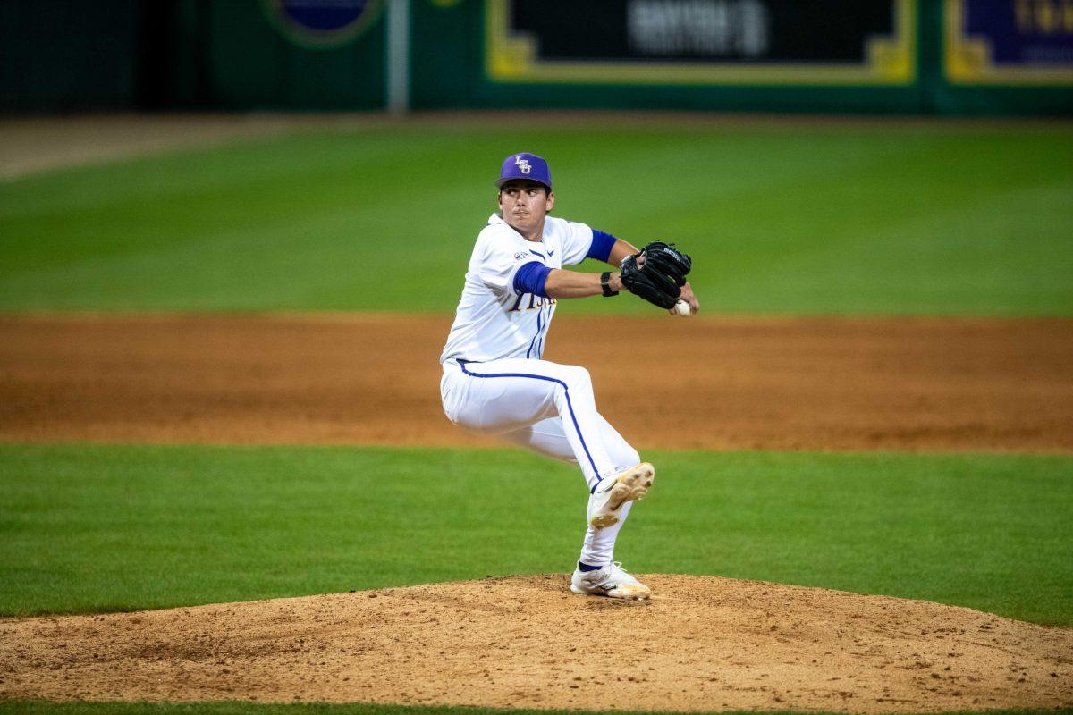 LSU baseball redshirt sophomore left-handed pitcher Gage Jump (23) prepares to pitch the ball during LSU's 6-4 loss against Florida on Saturday, March 23, 2024, at Alex Box Stadium in Baton Rouge, La.