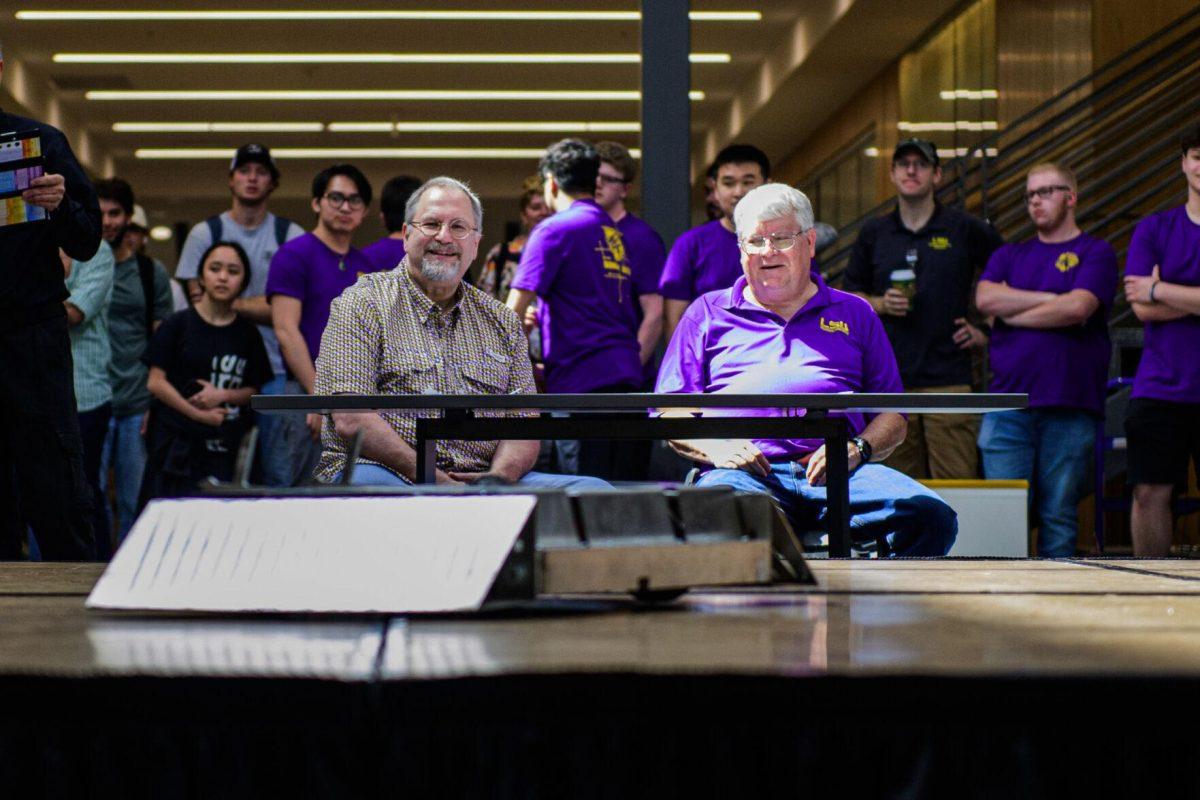 Judges watch the battle unfold on Tuesday, April 16, 2024,&#160;at the Bengal Bot Brawl in Patrick F. Taylor Hall in Baton Rouge, La.