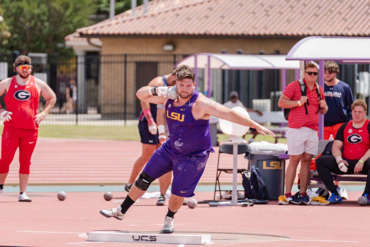 LSU track and field 5th-year senior thrower John Meyer warms up for shot put Saturday, April 27, 2024, at the LSU Invitational in the Bernie Moore Track Stadium in Baton Rouge, La.