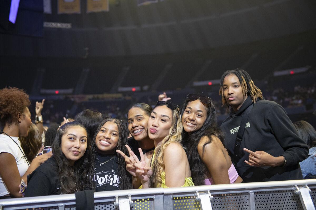 LSU women's basketball players pose for a photo with students Thursday, April 25, 2024, during LSU Student Government&#8217;s annual Groovin&#8217; concert at the Pete Maravich Assembly Center in Baton Rouge, La.