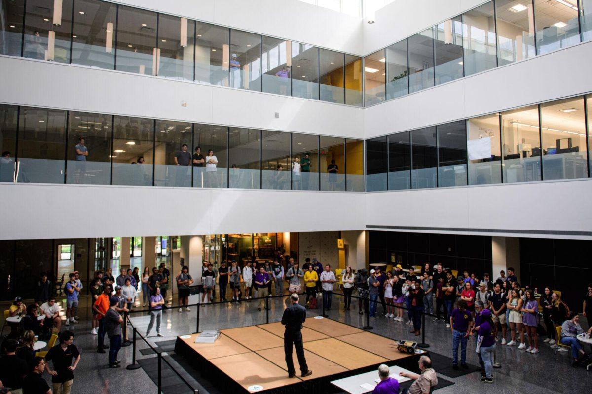 LSU students fill the area to watch the Bengal Bot Brawl on Tuesday, April 16, 2024, in Patrick F. Taylor Hall in Baton Rouge, La.