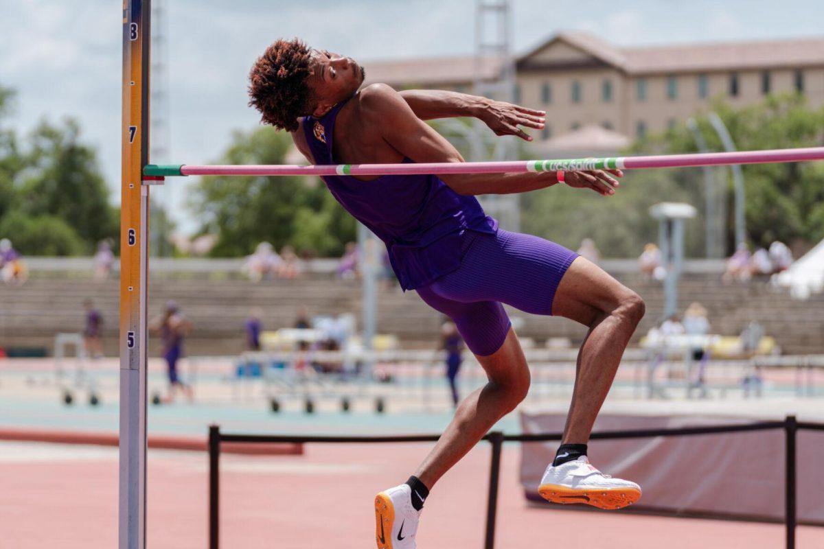 LSU track and field jumps senior Ronnie Rounds II leaps Saturday, April 27, 2024, at the LSU Invitational in the Bernie Moore Track Stadium in Baton Rouge, La.