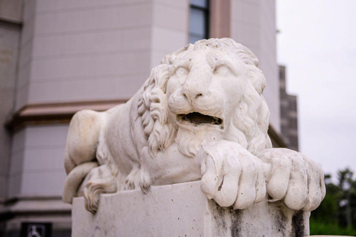 A lion guards the entrance on Thursday, April 18, 2024, at Louisiana's Old State Capitol in Baton Rouge, La.