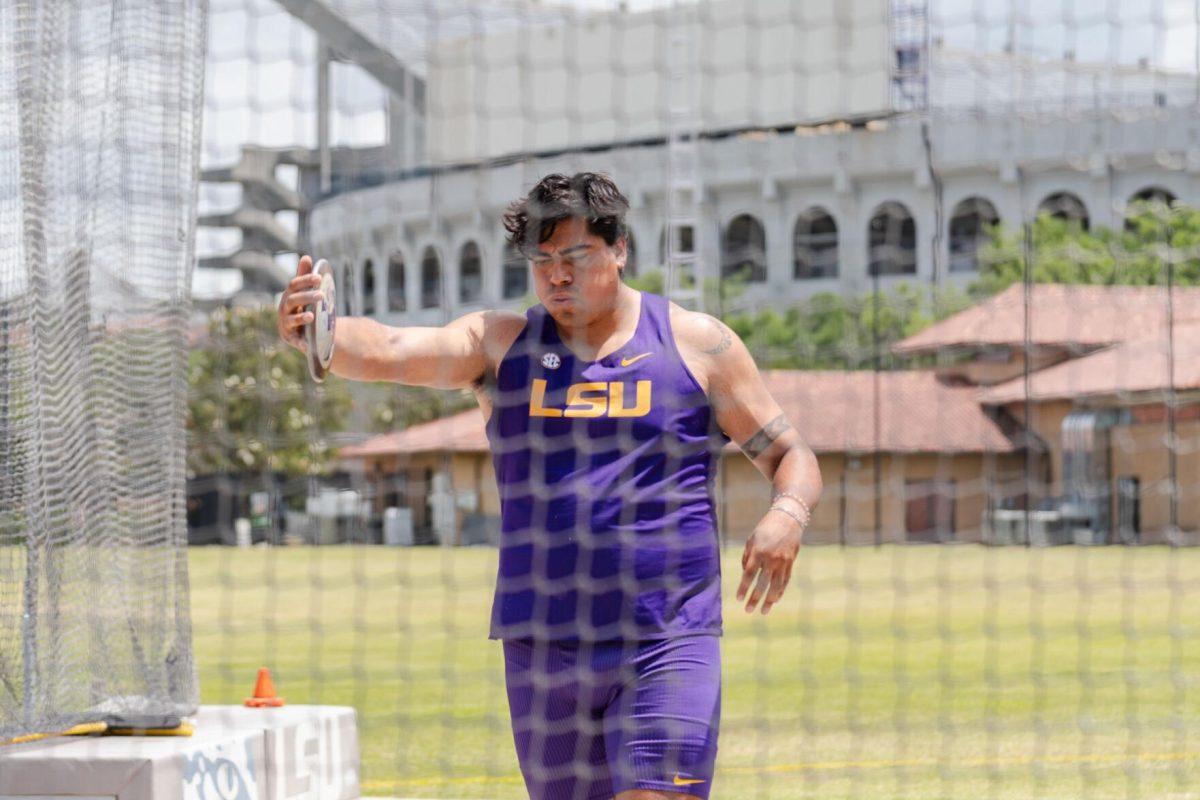 LSU track and field 5th-year senior Claudio Romero competes in discus Saturday, April 27, 2024, at the LSU Invitational in the Bernie Moore Track Stadium in Baton Rouge, La.