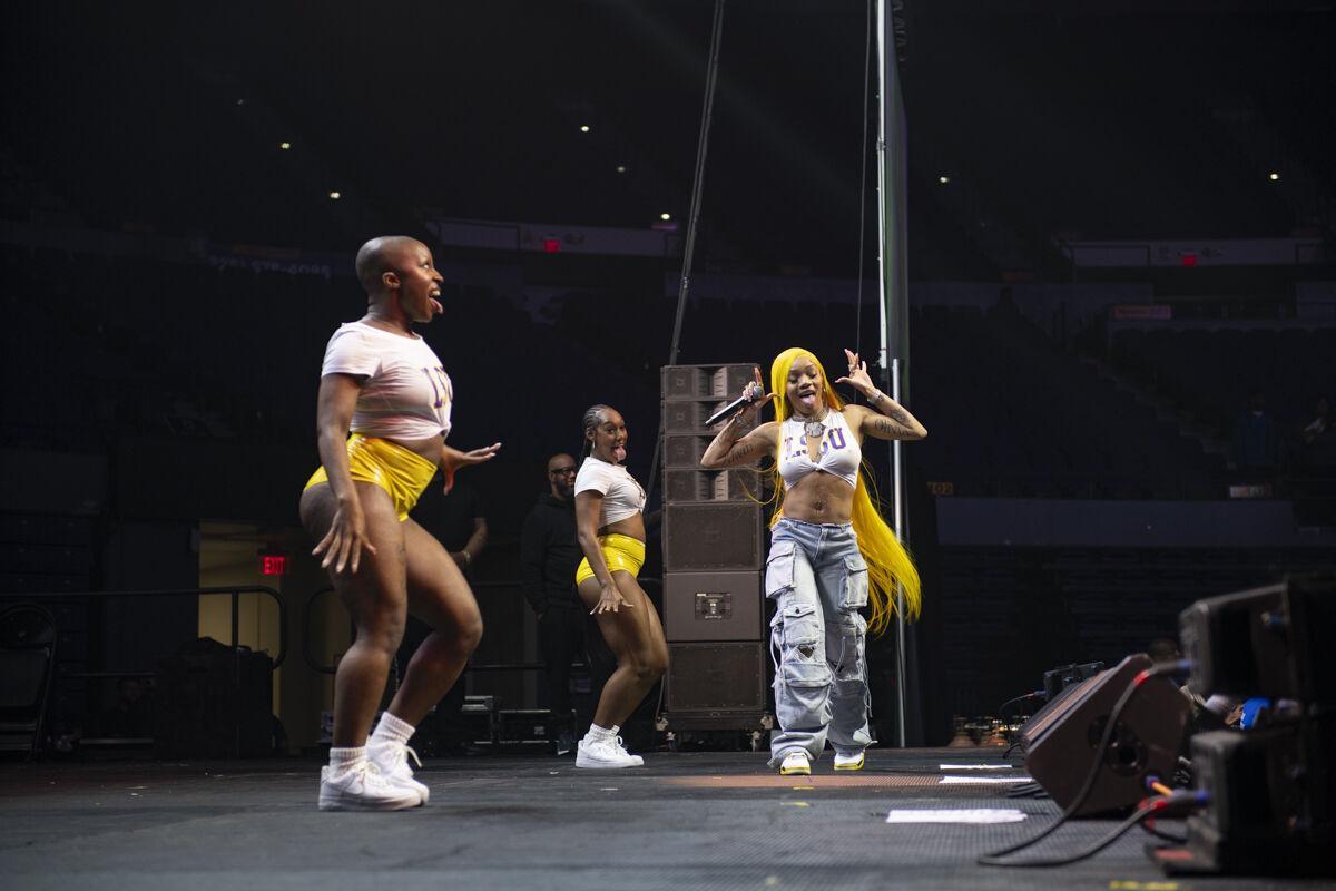 GloRilla dances Thursday, April 25, 2024, during LSU Student Government&#8217;s annual Groovin&#8217; concert at the Pete Maravich Assembly Center in Baton Rouge, La.