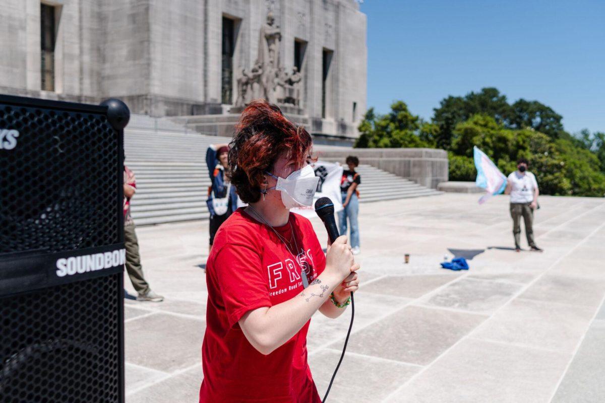 Lucas Harrell leads chants Monday, April 22, 2024, at the Louisiana State Capitol in Baton Rouge, La.