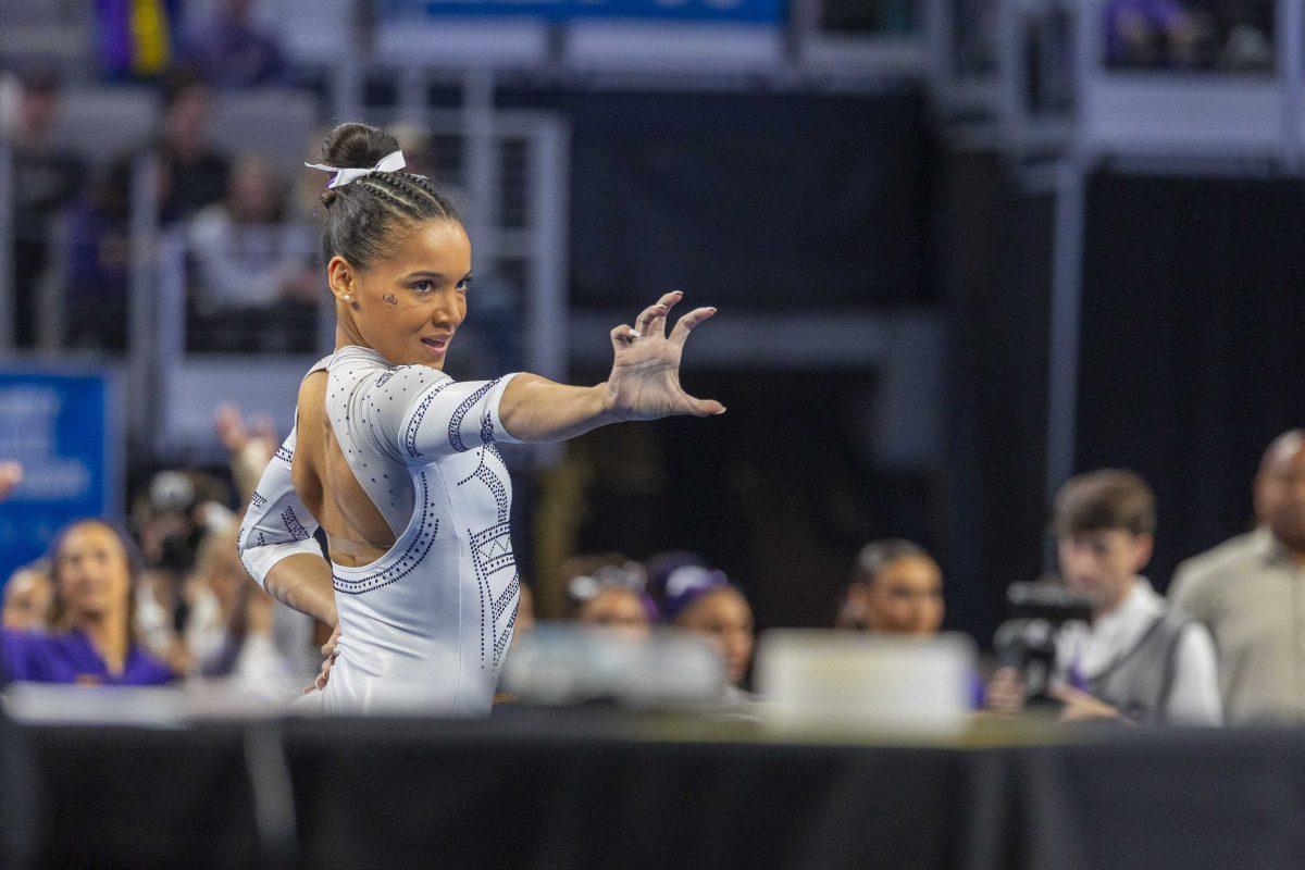 LSU gymnastics all-around senior Haleigh Bryant strikes a pose Saturday, April 20, 2024, during the NCAA Gymnastics Championship in the Dickies Arena in Fort Worth, Tx.