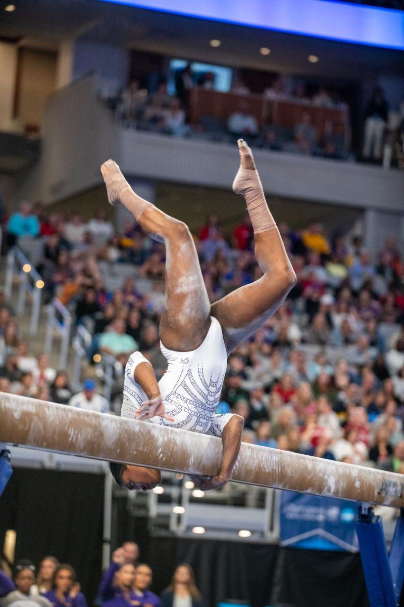 LSU gymnastics freshman all-around Amari Drayton balances herself on the beam during the NCAA Gymnastics Championship on Saturday, April 20, 2024, in Fort Worth, Tx.