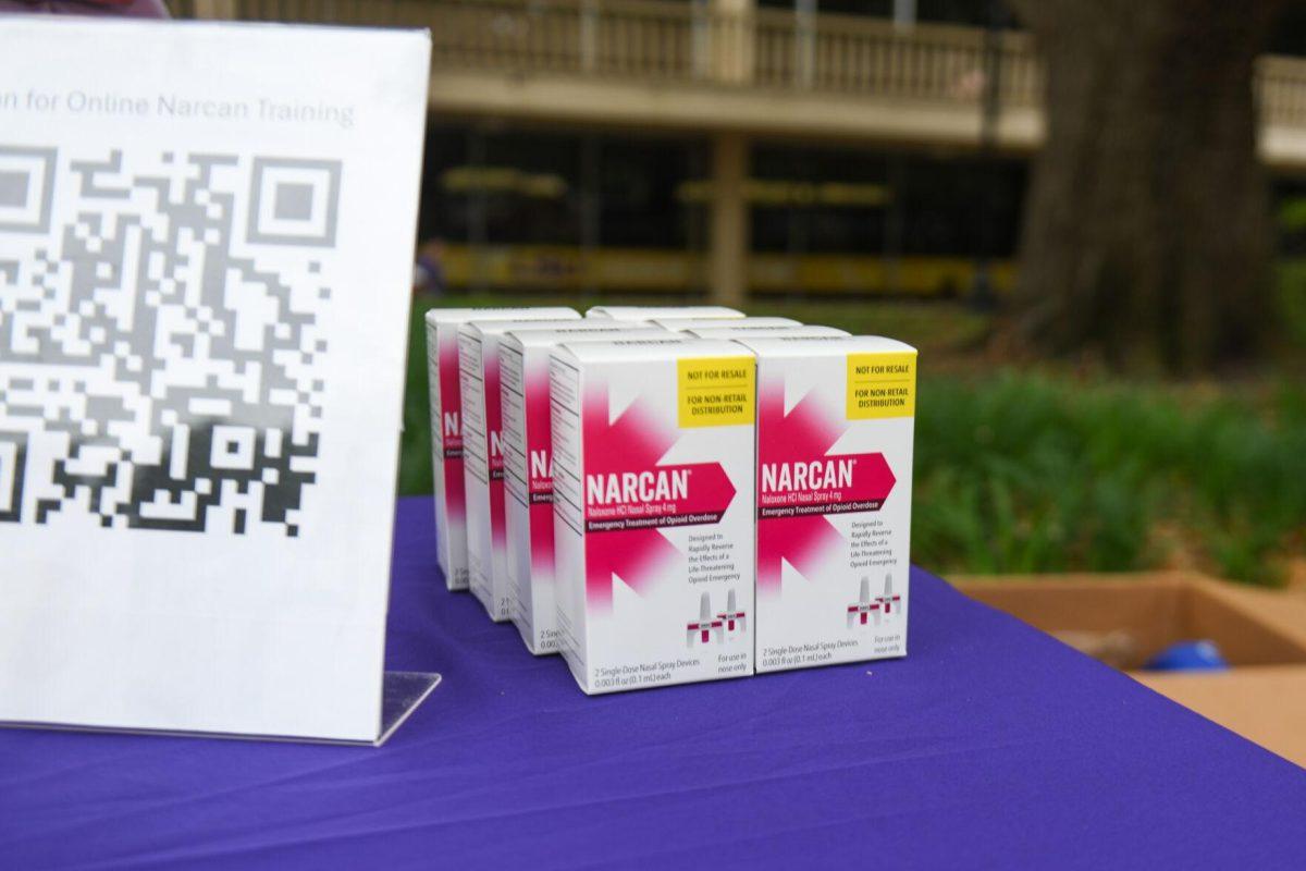 Packages of Narcan sit on a table in Free Speech Alley when the Collegiate Recovery Program and capstone student group handed out the medicine for free on Thursday, April 18, 2024, on LSU's campus in Baton Rouge, La.