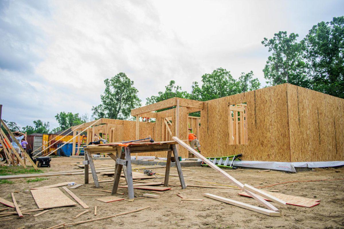 Wood sits in front of the construction site on Tuesday, April 9, 2024, on Fountain Avenue in Baton Rouge, La.