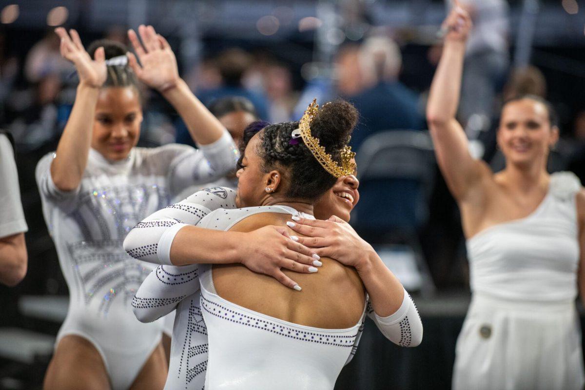 LSU gymnastics freshman all-around Amari Drayton hugs teammate freshman all-around Konnor McClain after being crowned during the NCAA Gymnastics Championship on Saturday, April 20, 2024, in Fort Worth, Tx.