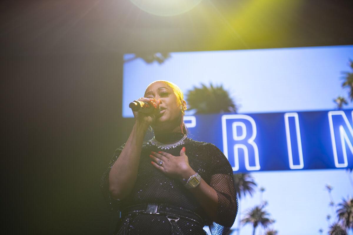 Trina speaks to the crowd Thursday, April 25, 2024, during LSU Student Government&#8217;s annual Groovin&#8217; concert at the Pete Maravich Assembly Center in Baton Rouge, La.