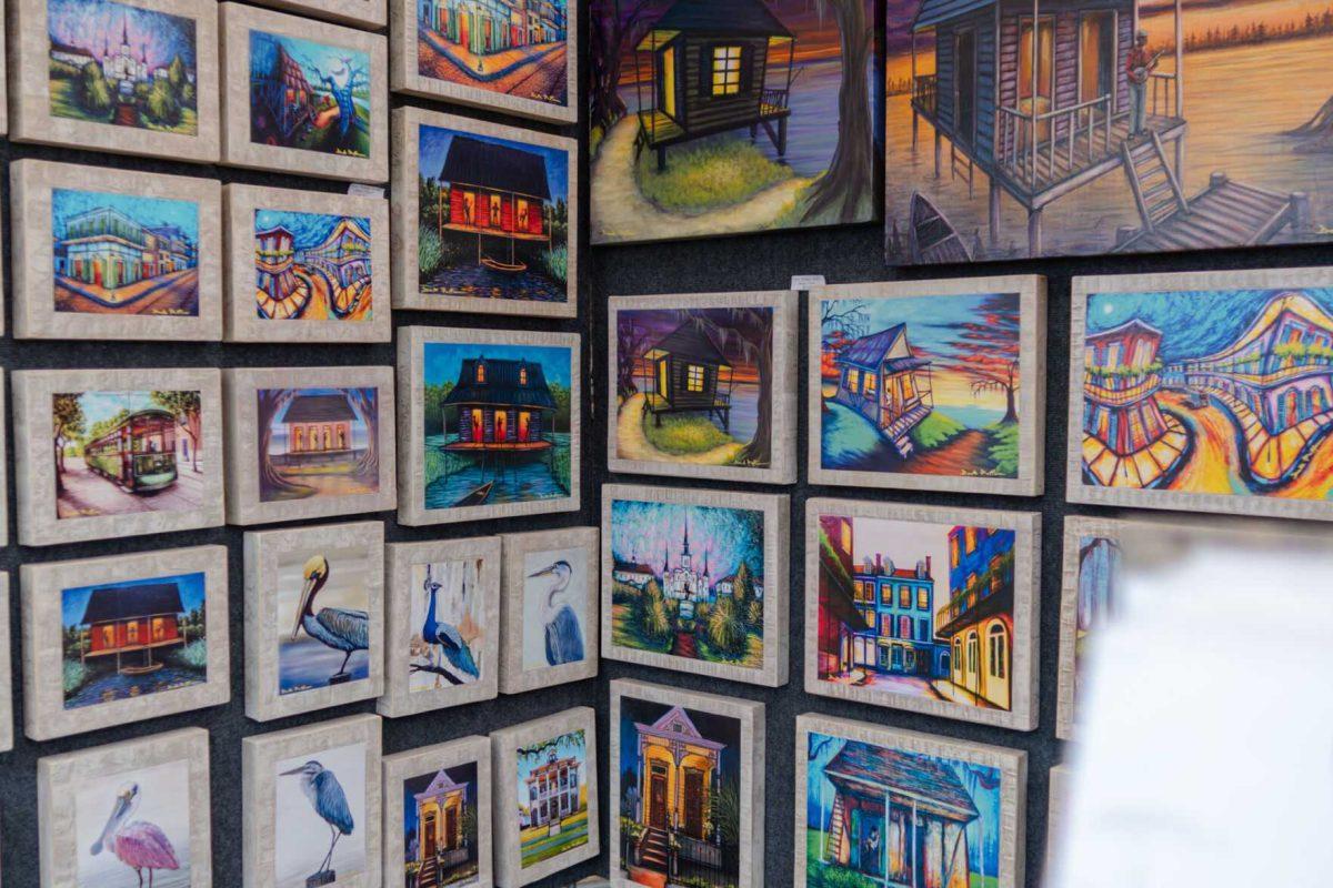 Paintings sit for sale Saturday, April 20, 2024, at the Baton Rouge Blues Festival.