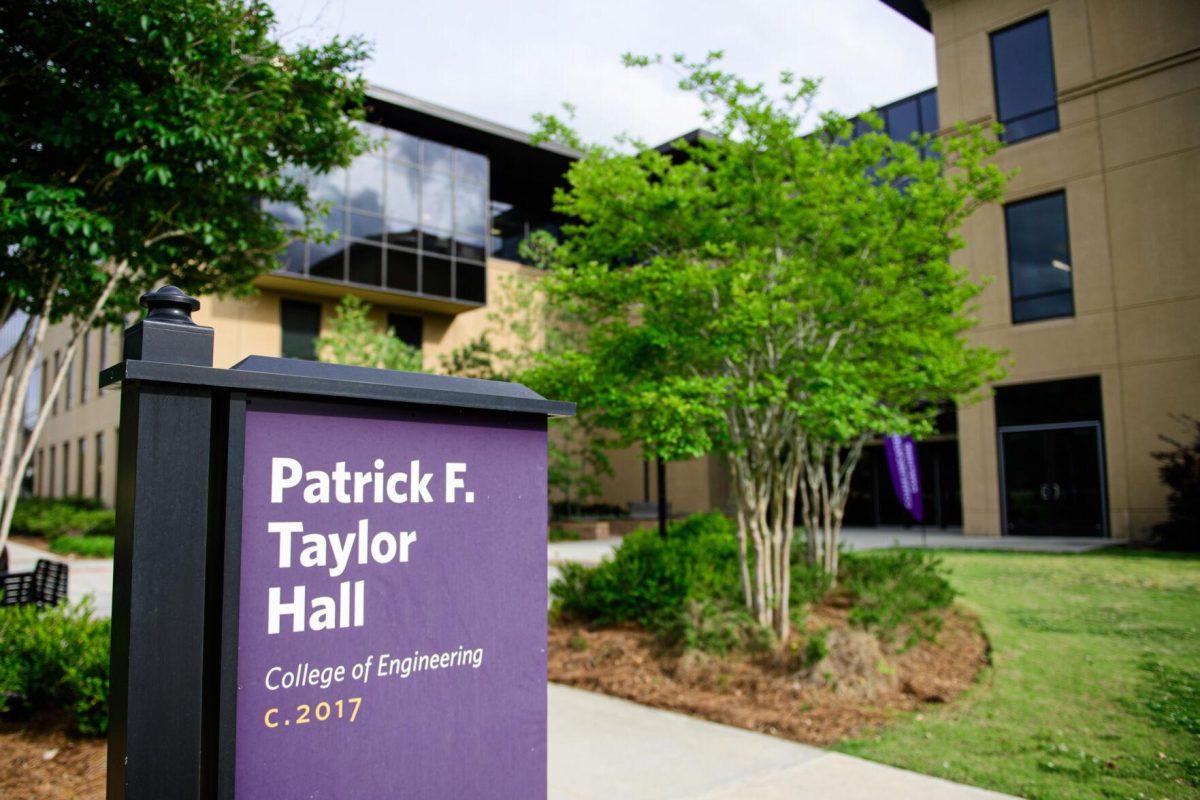 The sign reads "Patrick F. Taylor Hall" on Tuesday, April 16, 2024, in Baton Rouge, La.