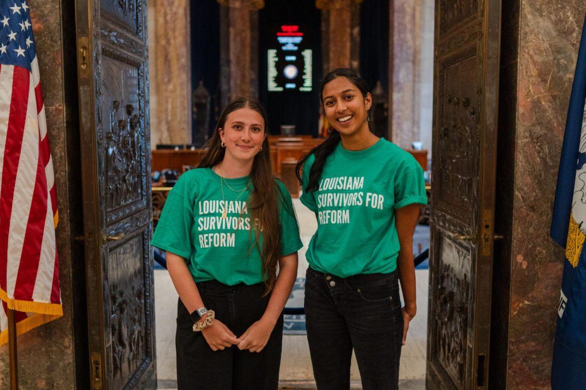 STAR Advocacy Coordinator Kennedy Dozier (left) and Resource Advocate Maya Jammulapati (right) stand for a picture outside the Senate Chamber Thursday, April 25, 2024, at the Louisiana State Capitol in Baton Rouge, La.