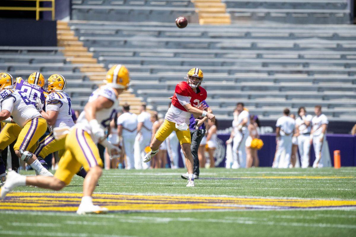 LSU football redshirt junior quarterback Garrett Nussmeier (13) passes the ball during the LSU Spring Football game on Saturday, April 13, 2024, in Tiger Stadium.